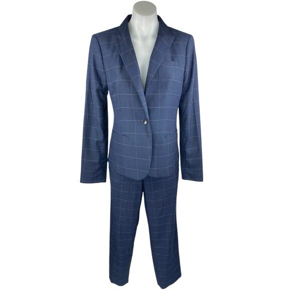 Banana Republic Women's Blue Plaid Long Sleeve Blazer Dress Pants 2 Pc Set 8/10 - Picture 1 of 6